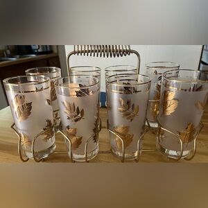 Vintage Libbey Hollywood Regency Gold Leaf Frost Highball Glasses in Metal Rack